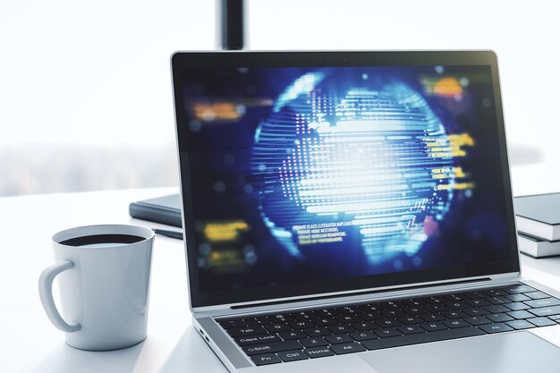 Modern computer display with abstract software development hologram and world map global research and analytics concept 3D Rendering