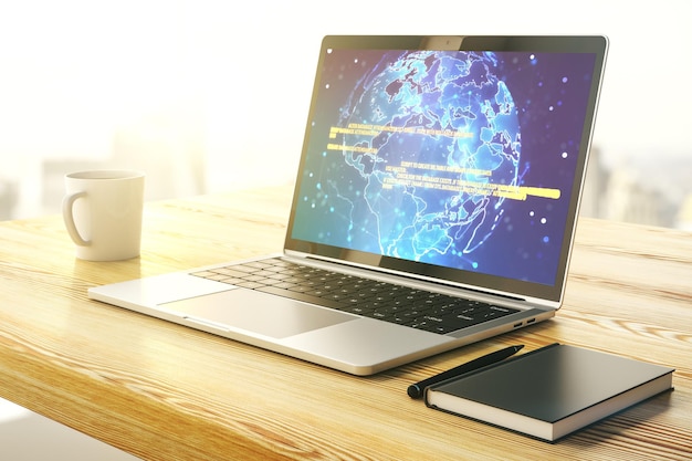 Modern computer display with abstract software development hologram and world map global research and analytics concept 3D Rendering