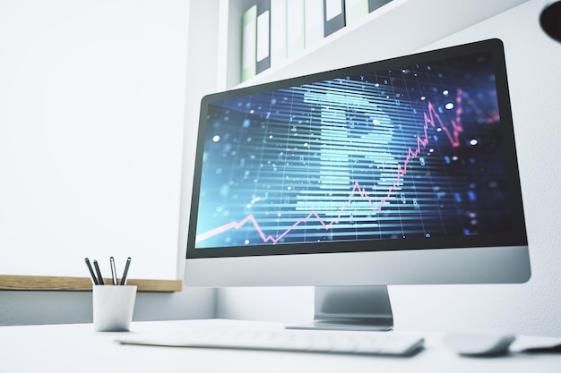modern computer display with creative bitcoin symbol hologram mining and blockchain concept 3d rendering