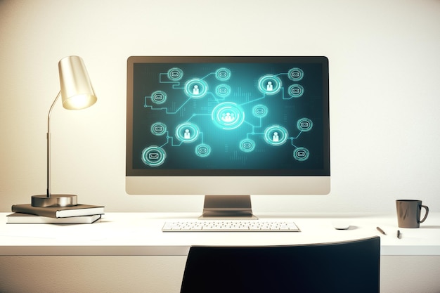 Modern computer display with social network icons concept Networking concept 3D Rendering