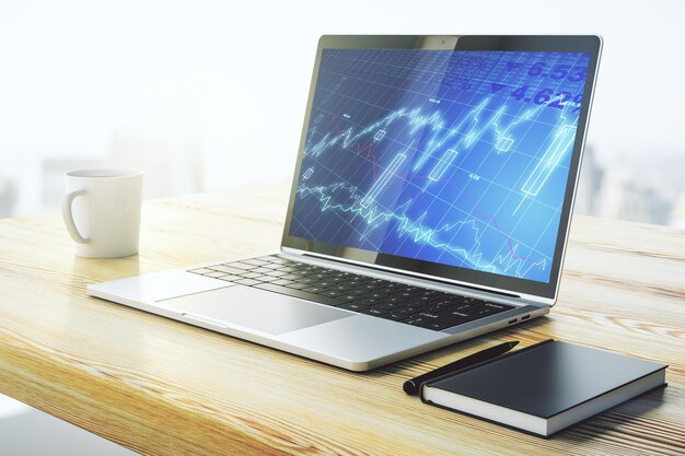 Modern computer monitor with abstract creative financial chart research and strategy concept 3D Rendering