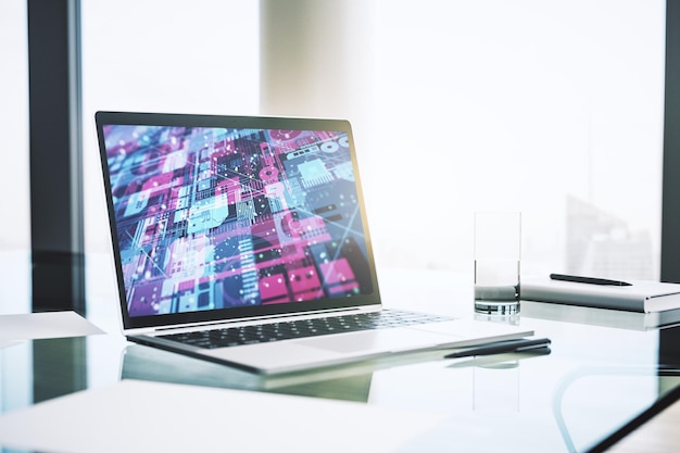 Modern computer monitor with abstract programming language research and development concept 3D Rendering
