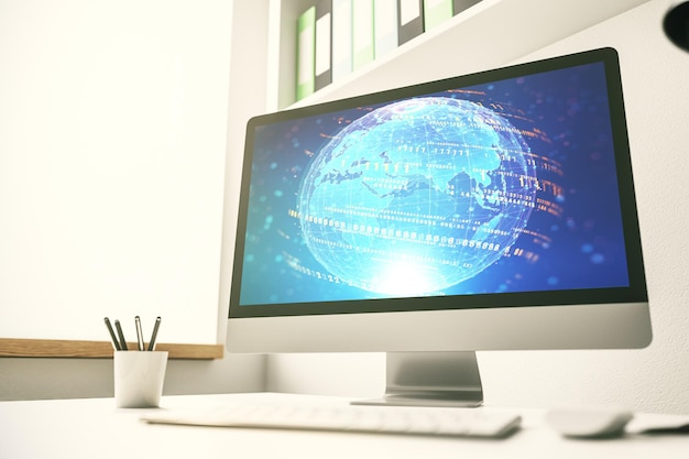 Modern computer monitor with abstract programming language with world map research and development concept 3D Rendering