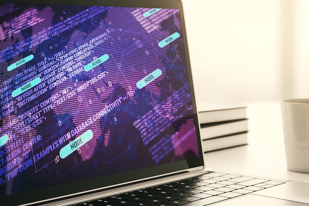 Modern computer monitor with abstract programming language with world map research and development concept 3D Rendering