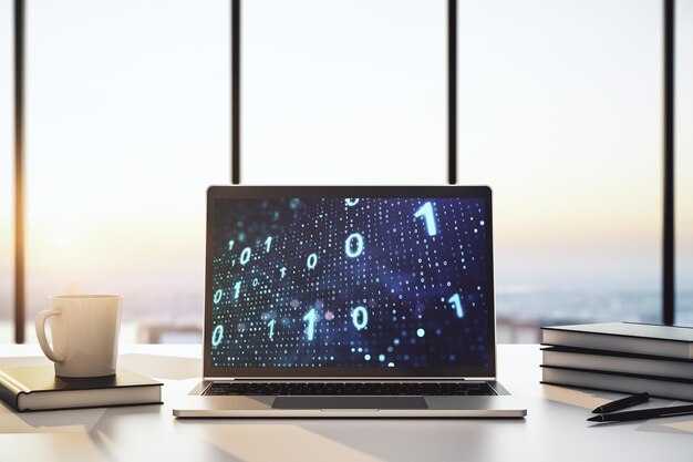 Modern computer monitor with creative abstract binary code hologram Database and programming concept 3D Rendering