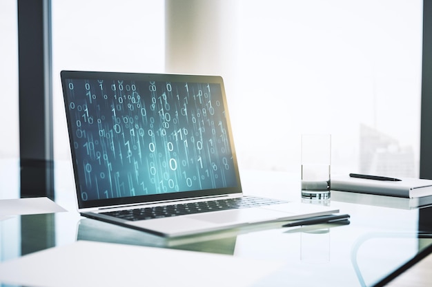 Modern computer monitor with creative abstract binary code hologram Database and programming concept 3D Rendering