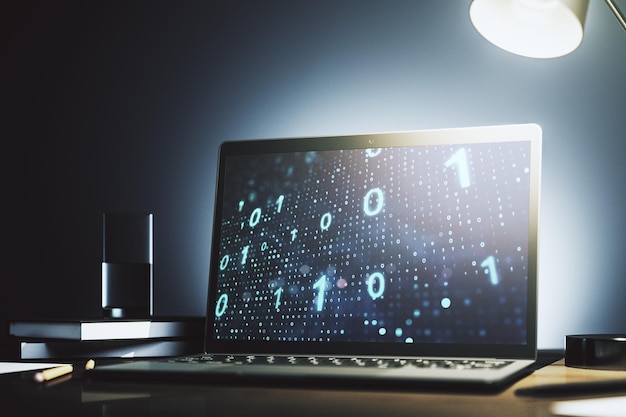Modern computer monitor with creative abstract binary code hologram Database and programming concept 3D Rendering