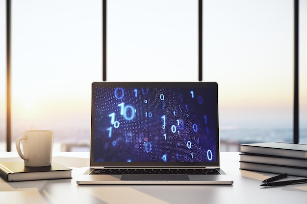 Modern computer monitor with creative abstract binary code hologram Database and programming concept 3D Rendering