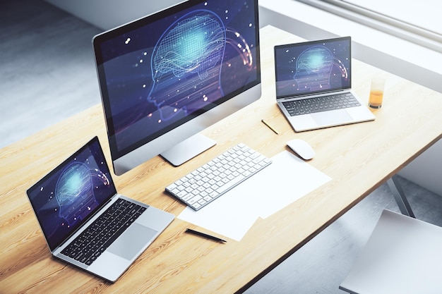 modern computer monitor with creative artificial intelligence symbol neural networks and machine learning concept 3d rendering
