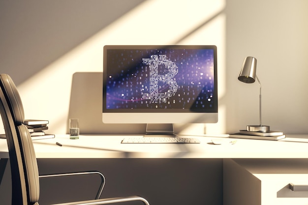 Modern computer monitor with creative Bitcoin symbol Cryptocurrency concept 3D Rendering