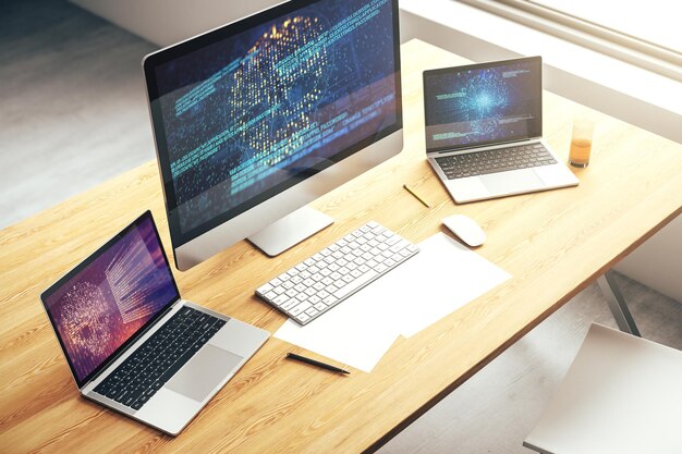 Modern computer monitor with creative code skull hologram Malware and cyber crime concept 3D Rendering