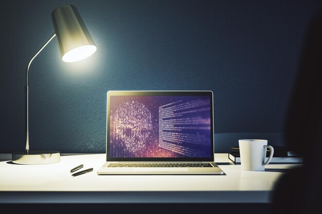 Modern computer monitor with creative code skull hologram Malware and cyber crime concept 3D Rendering
