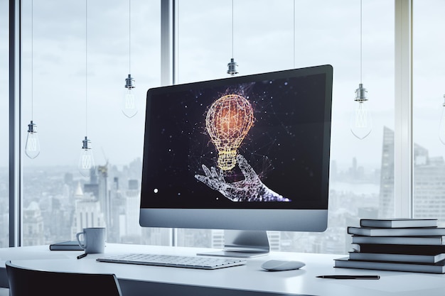 modern computer monitor with creative light bulb hologram research and development concept 3d rendering
