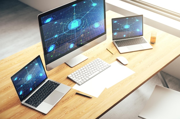 Modern computer monitor with creative lock hologram and chip Information security concept 3D Rendering