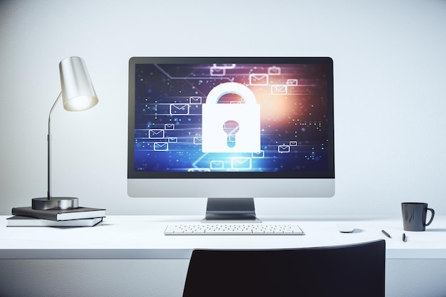 Modern computer monitor with creative lock hologram and email symbols Information security concept 3D Rendering