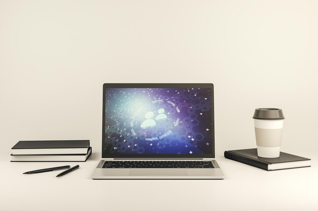 Modern computer monitor with people icons hologram Online insurance service concept 3D Rendering
