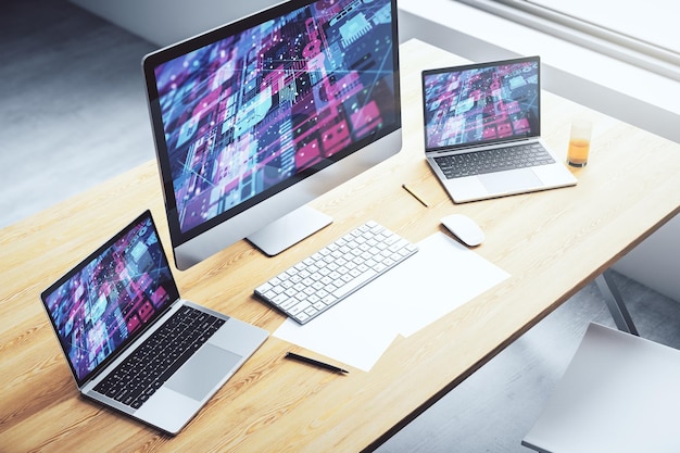 Modern computer screen with abstract creative coding sketch artificial intelligence and neural networks concept 3D Rendering