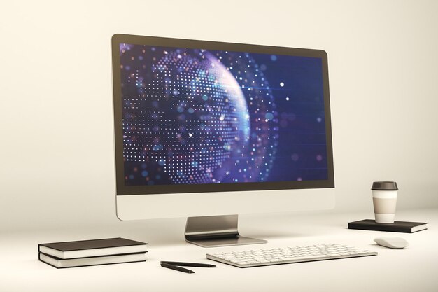 Modern computer screen with abstract creative digital world map research and analytics concept 3D Rendering