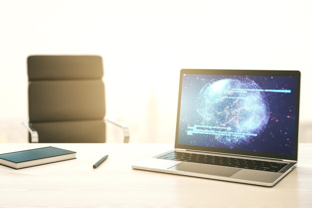 Modern computer screen with abstract graphic coding sketch and world map big data and networking concept 3D Rendering