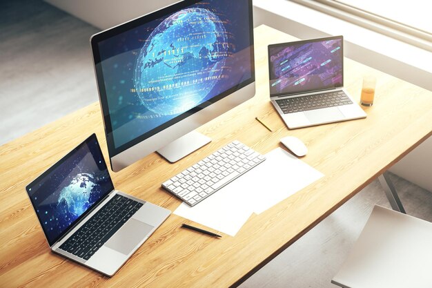 Modern computer screen with abstract graphic coding sketch and world map big data and networking concept 3D Rendering