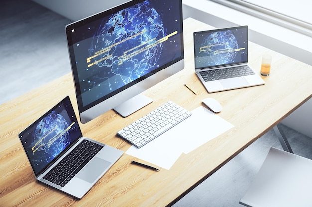 Modern computer screen with abstract graphic coding sketch and world map big data and networking concept 3D Rendering