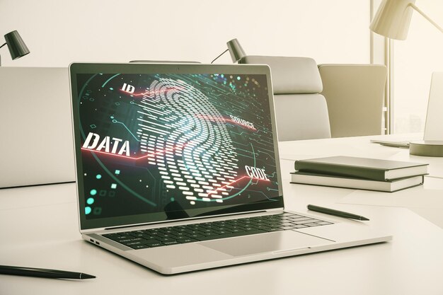 modern computer screen with creative fingerprint hologram personal biometric data concept 3d rendering