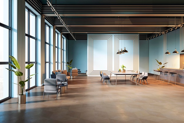 Modern coworking space interior with stylish furniture and large windows in an open creative design concept 3D Rendering