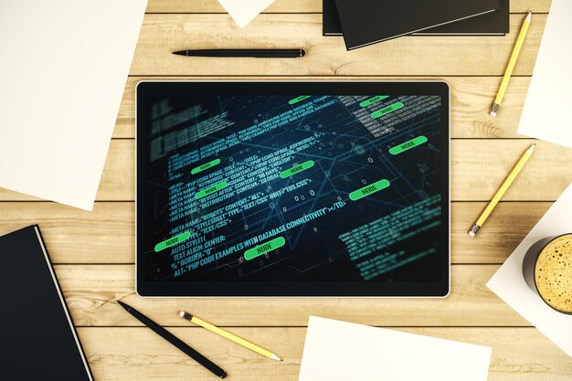 Modern digital tablet monitor with abstract creative coding sketch artificial intelligence and neural networks concept Top view 3D Rendering