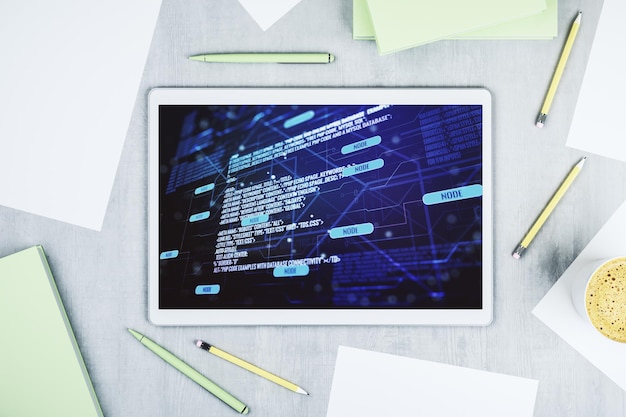 Modern digital tablet screen with abstract graphic coding sketch big data and networking concept Top view 3D Rendering