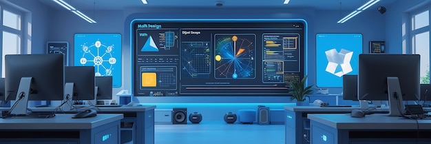 Modern Tech Classroom with Multiple Monitors and Digital Interface Futuristic Educational Lab Setup for STEM Learning Programming and Engineering Visualization