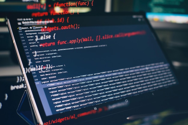 Modern tech PHP syntax highlighted Writing programming functions on laptop Big data and Internet of things trend