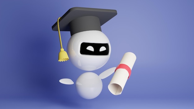 Modern white robot 3d illustration on blue background Graduation concept