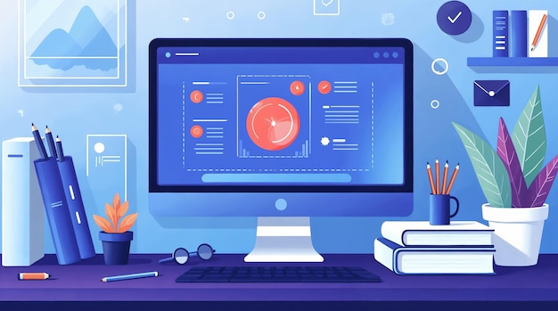 Modern Workspace with Computer and Office Supplies