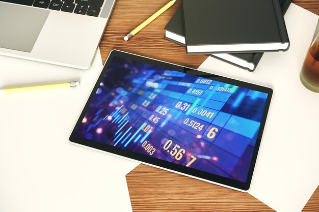 Moderni digitaalisen tabletin näyttö abstraktilla luovalla finanssikarttatutkimus- ja analyysikonseptilla ylhäältä 3D-renderöinti