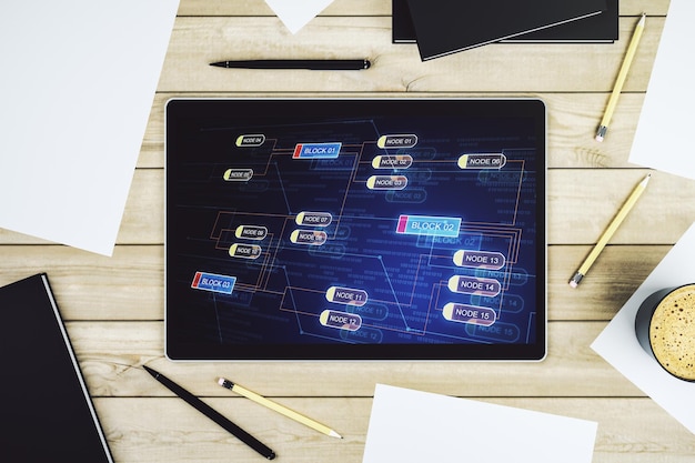 Moderni digitaalisen tabletin näyttö abstraktilla luovalla koodausluonnoksella, tekoälyn ja hermoverkkojen konsepti, ylhäältä näkymä, 3D-renderöinti
