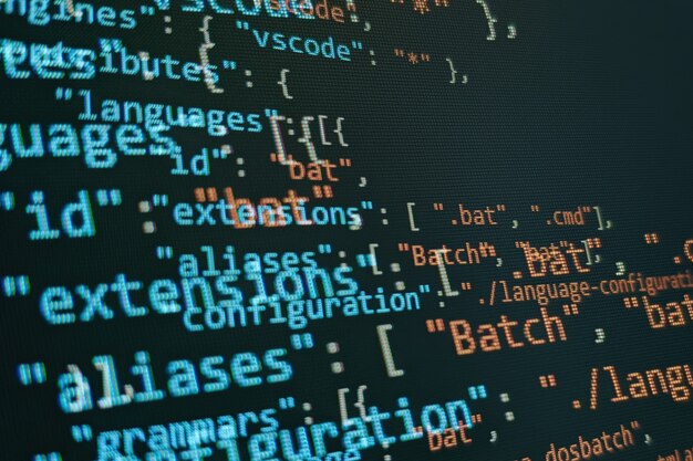 Monitor closeup of function source code. Abstract IT technology background. Software source code.