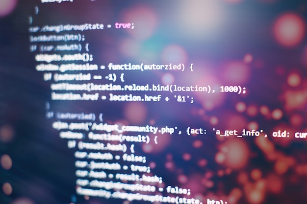 Monitor closeup of function source code.Writing programming functions on laptop. Big data and Internet of things trend.