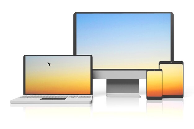 Monitor laptop tablet and smartphone with sky on screens isolated on white background