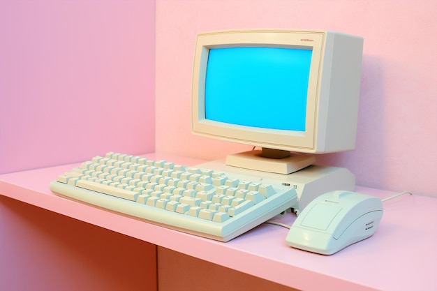 Monitor office connection cup cyberspace workspace retro pink concept computer blue digital technology
