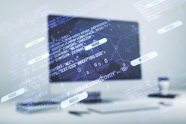 Monivalotus abstraktista graafisesta koodausluonnoksesta maailmankartan kanssa modernilla tietokoneen taustalla, big data- ja verkkokonsepti