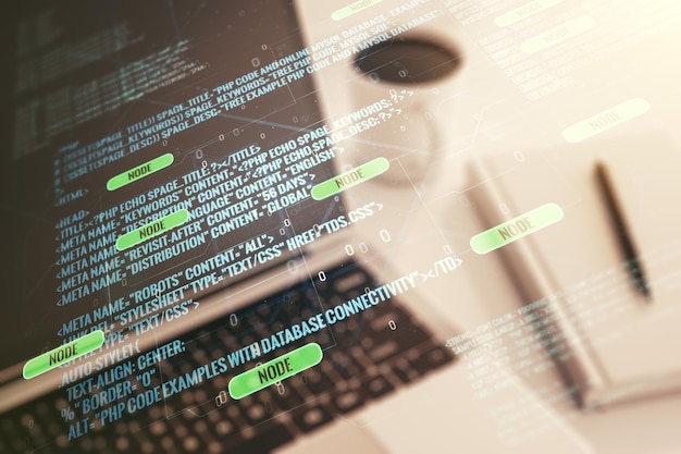 Monivalotus abstraktista graafisesta koodausluonnoksesta modernin tietokoneen taustalla, big data- ja verkottumiskonsepti