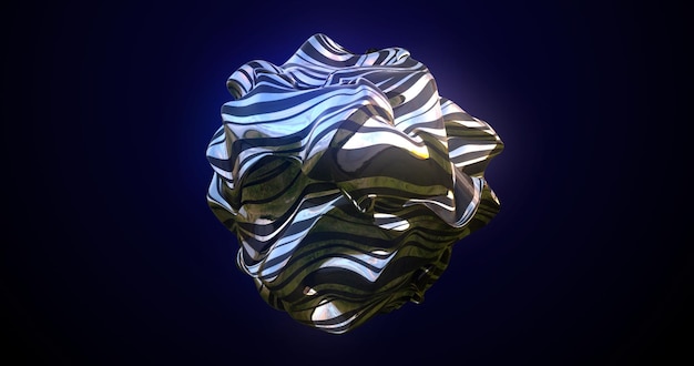 Morphing of a metal sphere a ball of molten fluid iridescent shiny beautiful glowing on a dark blue