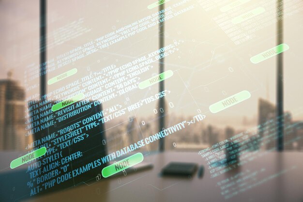 Multi exposure of abstract creative coding sketch and modern desktop with computer on background artificial intelligence and neural networks concept