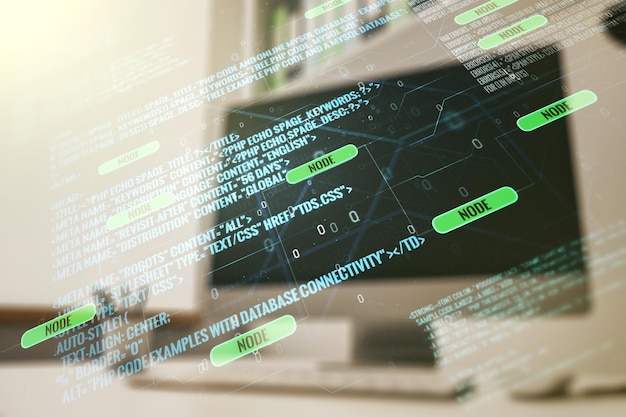 Multi exposure of abstract creative coding sketch and modern desktop with computer on background artificial intelligence and neural networks concept