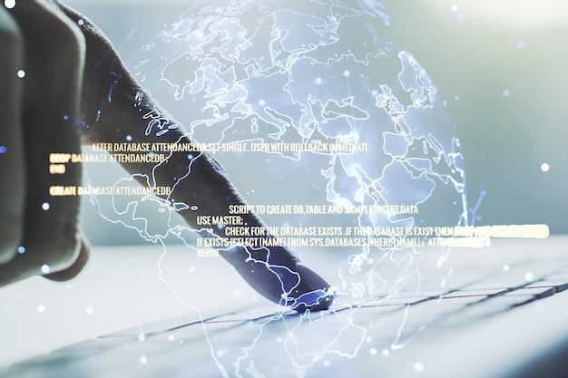 Multi exposure of abstract creative coding sketch with world map and hands typing on computer keyboard on background artificial intelligence and neural networks concept
