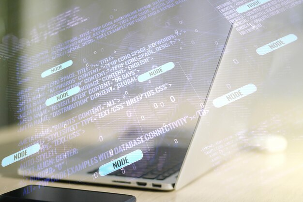 Multi exposure of abstract creative coding sketch with world map on modern laptop background artificial intelligence and neural networks concept
