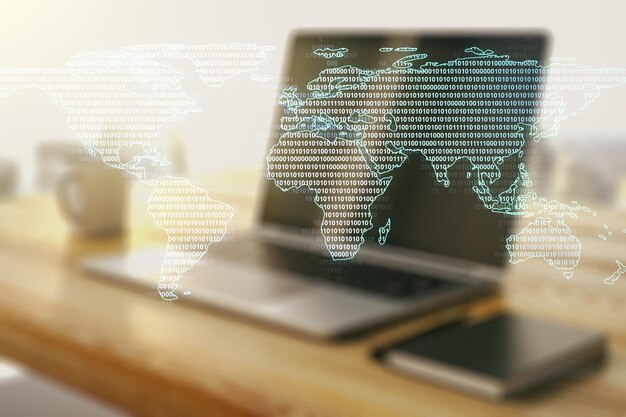 Multi exposure of abstract creative digital world map and modern desktop with computer on background tourism and traveling concept