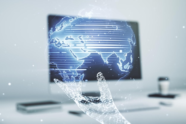 multi exposure of abstract creative digital world map on laptop background research and analytics concept