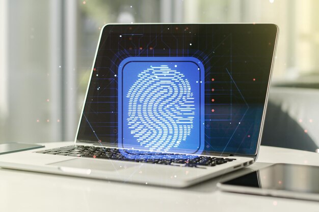 Multi exposure of abstract creative fingerprint illustration on modern laptop background digital access concept