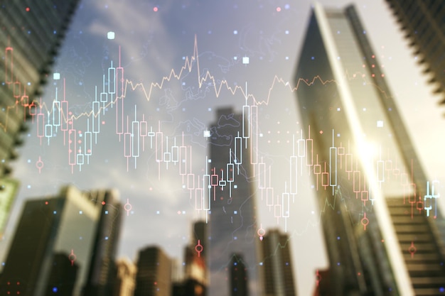 Multi exposure of abstract financial diagram on office buildings background banking and accounting concept